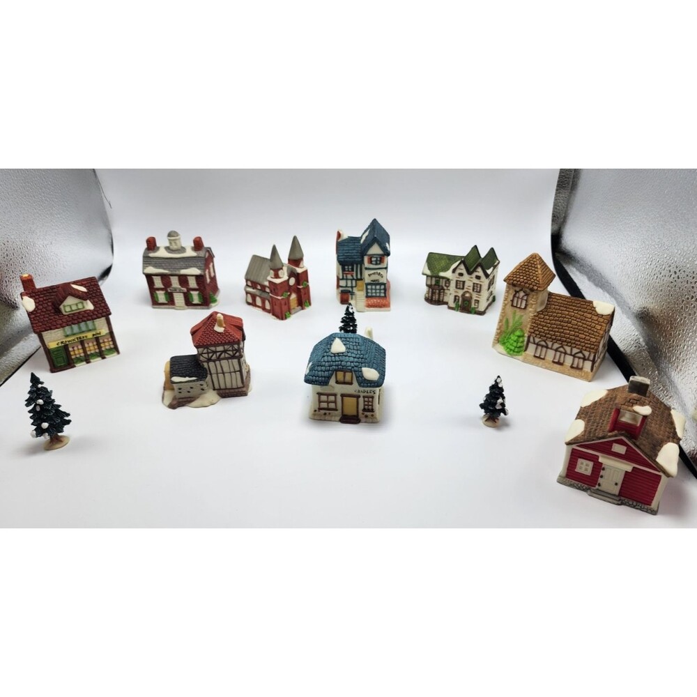 Ceramic Christmas Village Painted Multicolor Miniatures & Trees (Set of 12)